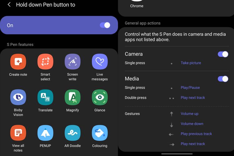 Tombol  S Pen bisa digunakan sebagai pintasan untuk menjalankan fungsi atau aplikasi yang dikehendaki (gambar kiri). Pena stylus ini pun dapat dipakai sebagai remote trigger untuk aplikasi kamera dan kendali playback konten lewat gerakan gestur.  