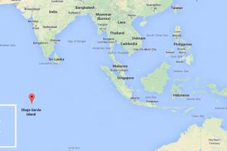 Posisi Pulau Diego Garcia di Samudera Hindia.