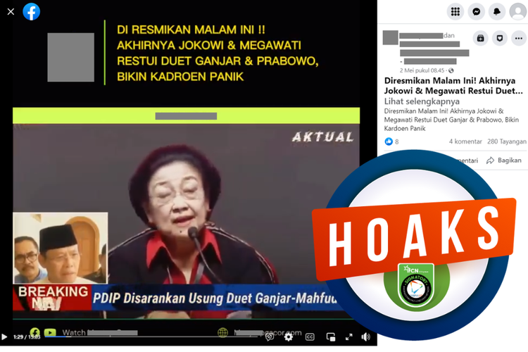 Tangkapan layar unggahan dengan narasi hoaks di sebuah akun Facebook, Selasa (2/5/2023), soal video yang menyebut bahwa Jokowi dan Megawati telah merestui pasangan Ganjar-Prabowo.