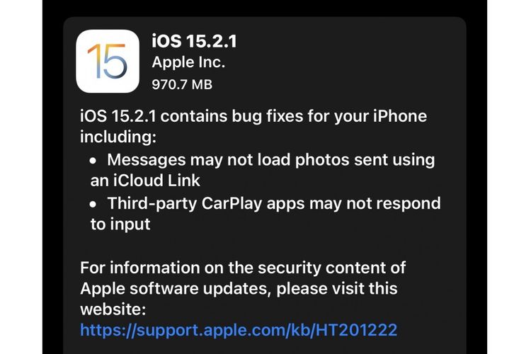 Keterangan perbaikan yang disertakan pada update iOS 15.2.1.