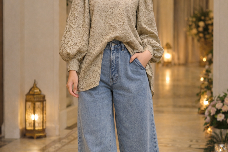 Wide Leg Baggy Jeans + Blouse Lengan Balon.