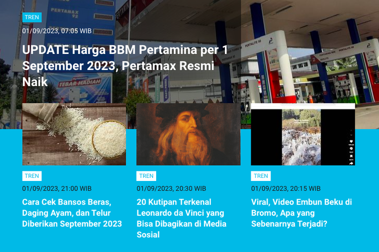 Berita Populer Tren 2 September 2023: Update harga BBM Pertamina per September 2023 | Daftar 21 penyakit yang tidak ditanggung BPJS Kesehatan