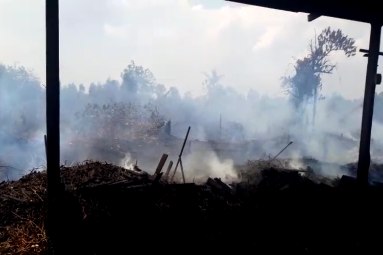 Api dari kebakaran lahan merembes dan membakar mess karyawan perusahaan pengolahan kayu di Desa Pengayuan, Banjarbaru, Kalsel, Senin (23/9/2019).