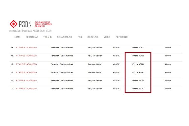 Screenshot sertifikasi TKDN iPhone 16 Series di laman TKDN Kemenperin