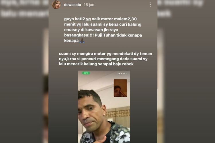 Istri Beto Goncalves melalui story instagram istri mengumumkan bahwa penjambretan telah menimpa suaminya di malam hari.