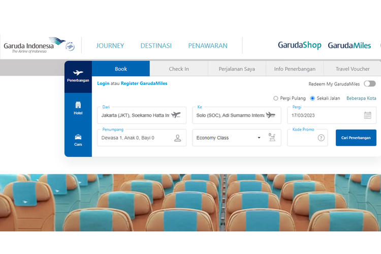 Tangkapan layar laman pemesanan tiket pesawat Garuda Indonesia.