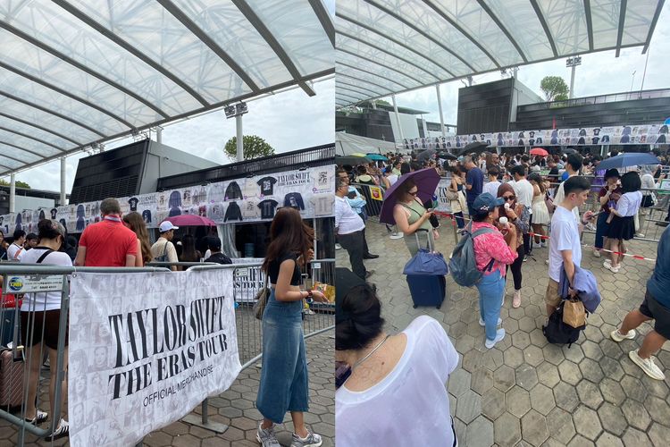 Antrean penggemar yang ingin membeli official merchandise Taylor Swift The Eras Tour di National Stadium Singapura. 