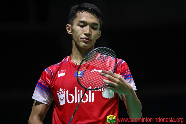 Jonatan Christie saat melawan Lakshya Sen (India) pada laga semifinal Kejuaraan Beregu Asia 2020 di Stadion Rizal Memorial, Filipina, Sabtu (15/2/2020).