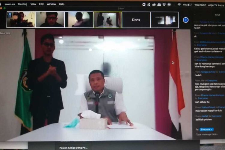 Juru Bicara Gugus Tugas Penanganan Covid-19 Sumatera Selatan, Yusri saat mengumumkan perkembangan kasus Covid-19 di Sumsel, secara virtual, Rabu (1/4/2020).