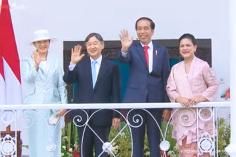Presiden Joko Widodo, Ibu Irana Joko Widodo bersama Kaisar Naruhito dan Permaisuri Masako di Istana Kepresidenan, Bogor, Jawa Barat, Senin (19/6/2023)