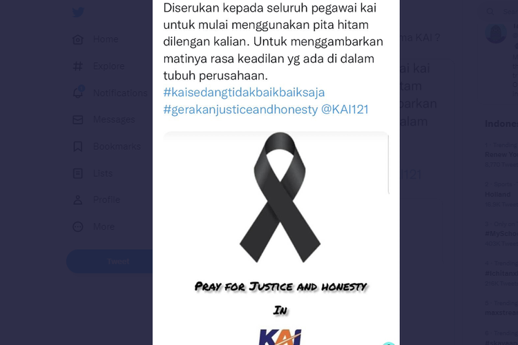 Tangkapan layar twit soal tagar #KAIsedangtidakbaikbaiksaja dan seruan menggunakan pita hitam bagi pegawai KAI