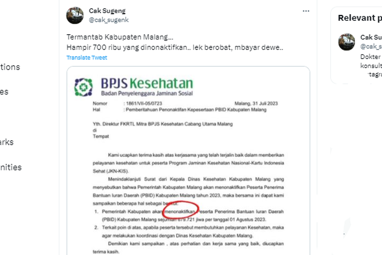 Tangkapan layar twit yang memuat surat penonaktifan peserta BPJS Kesehatan penerima bantuan iuran daerah (PBID) Kabupaten Malang