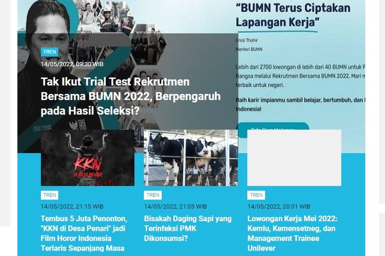 Tangkapan layar berita populer di laman Tren sepanjang Sabtu (14/5/2022) hingga Minggu (15/5/2022) pagi.