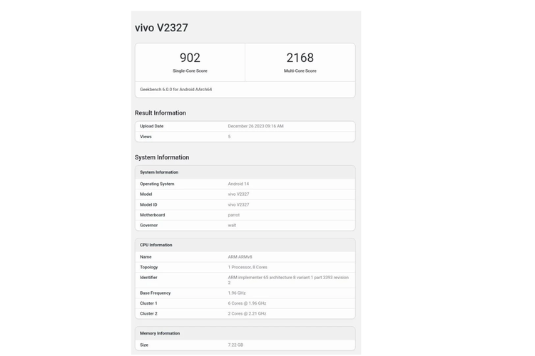 HP Vivo dengan nomor model V2327 muncul di situs benchmark Geekbench