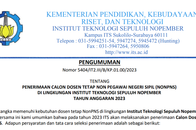 Lowongan Kerja Dosen Tetap Non-PNS ITS 2023, Simak Persyaratannya