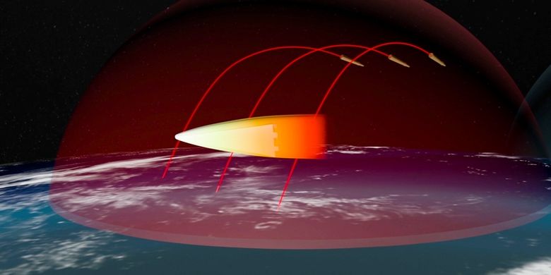 Sebuah simulasi komputer memperlihatkan rudal balistik antar-benua terbaru Rusia, Avangard, mengelak dari sistem pertahanan udara negara lain dengan kecepatan hipersonik. Rusia mengklaim rudal tersebut tidak akan bisa dikejar pertahanan anti-misil paling canggih manapun di dunia.