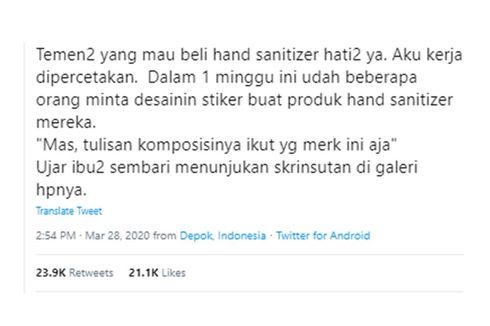 Viral Twit Ingatkan Hati-hati Beli Hand Sanitizer Setelah Banyak Pesanan Label Tanpa Tahu Komposisi