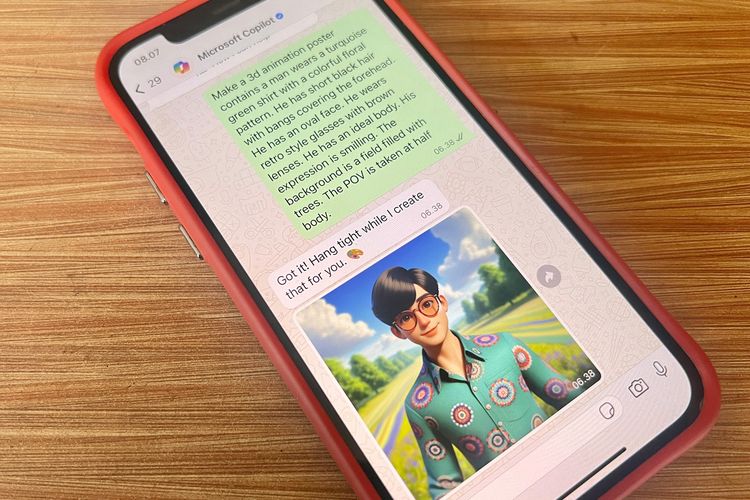 Tampilan chatbot Copilot di WhatsApp. Cara membuat poster AI di WhatsApp dengan Copilot.