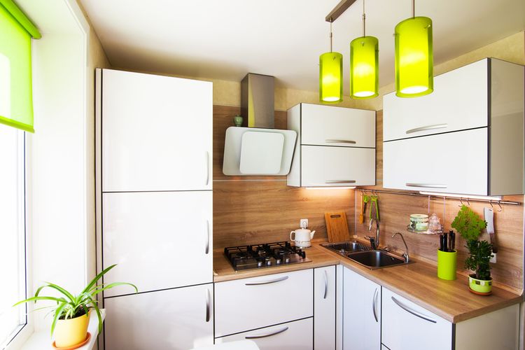Ilustrasi dapur kecil, dapur sempit, pencahayaan di dapur. 