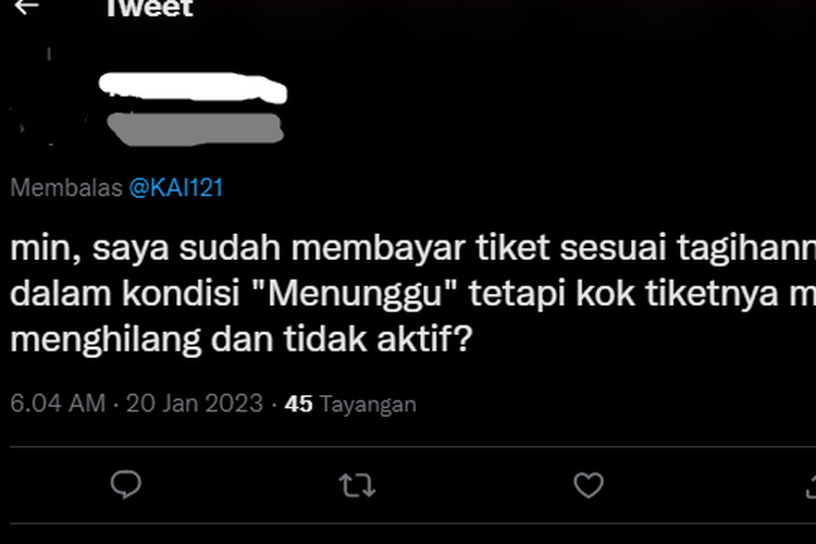 tangkapan layar twit warganet yang keluhkan tiket promo Imlek KAI hangus beredar di media sosial pada Jumat (20/1/2023).