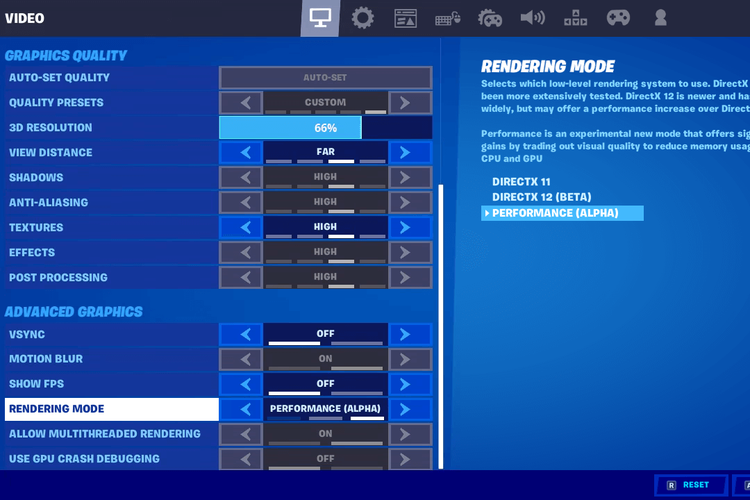 Pengaturan Performance Mode pada Fortnite PC