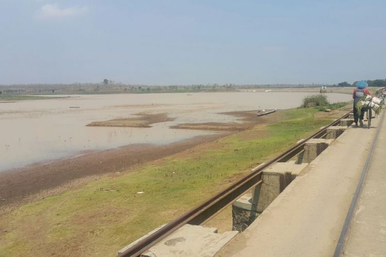 KRITIS--Waduk Dawuhan di Desa Sidomulyo, Kecamatan Wonoasri, Kabupaten Madiun debit airnya kritis menyusul bencana kekeringan yang melanda tiga bulan terakhir. 