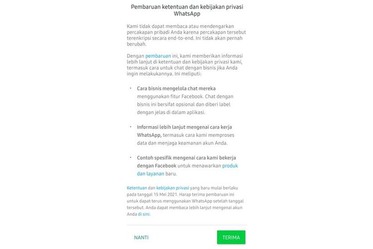 Tangkapan layar notifikasi kebijakan privasi baru Whatsapp yang muncul 28 April 2021