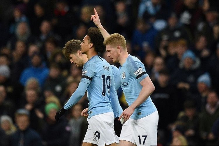 Kevin De Bruyne merayakan golnya pada pertandingan Manchester City vs Cardiff City di Stadion Etihad dalam lanjutan Liga Inggris, 3 April 2019. 