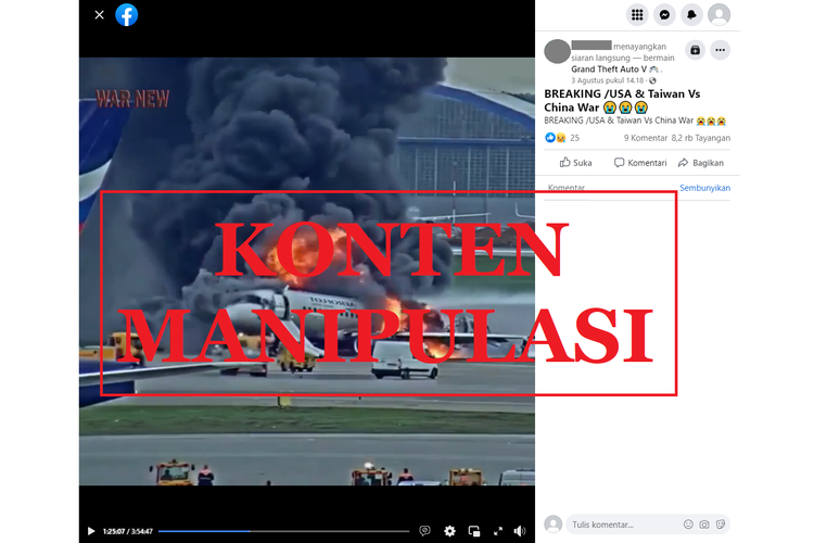 Tangkapan layar unggahan konten manipulasi di sebuah akun Facebook, Rabu (3/8/2022), menampilkan video yang diklaim sebagai perang Taiwan melawan China.