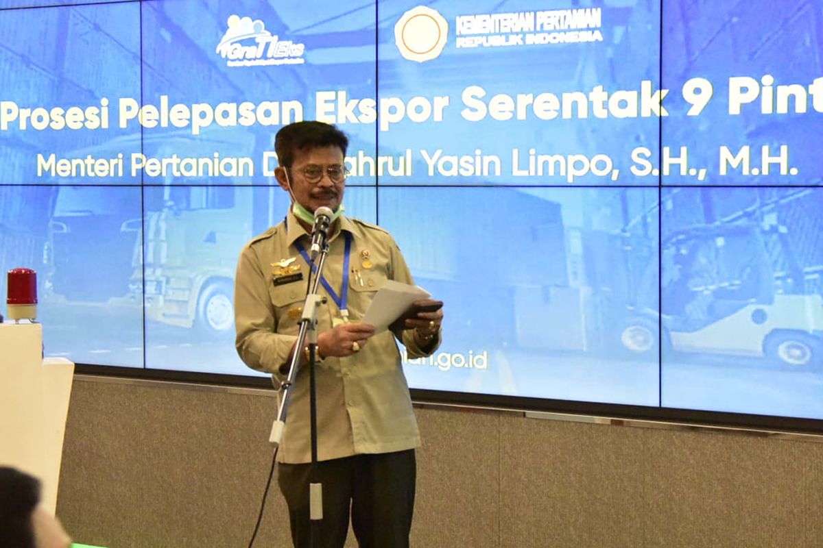 Menteri Pertanian Syahrul Yasin Limpo saat melepas ekspor pertanian dari 9 pintu utama pengiriman Kamis (30/4/ 2020).