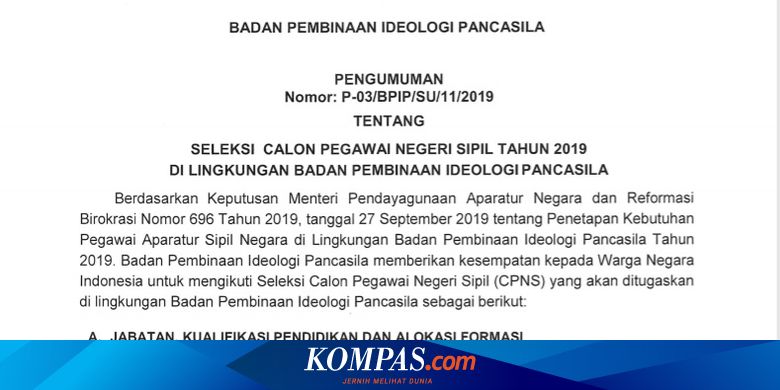 Badan Pembinaan Ideologi Pancasila Sediakan 60 Formasi Untuk Cpns 2019 Ini Perinciannya Halaman All Kompas Com