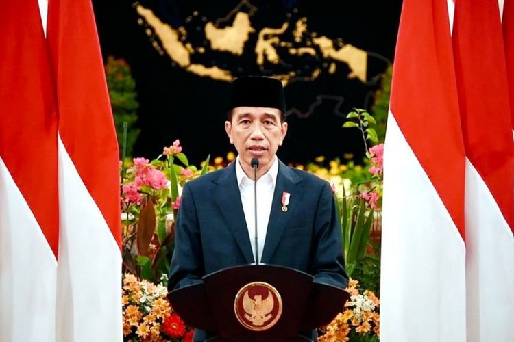 Presiden Joko Widodo saat memberikan sambutan pada peringatan Nuzulul Quran tingkat kenegaraan yang digelar pada Selasa (19/4/2022) malam.