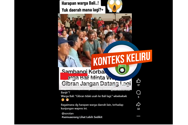 Tangkapan layar Facebook video yang mengeklaim korban banjir Bali meminta Gibran tidak perlu datang lagi