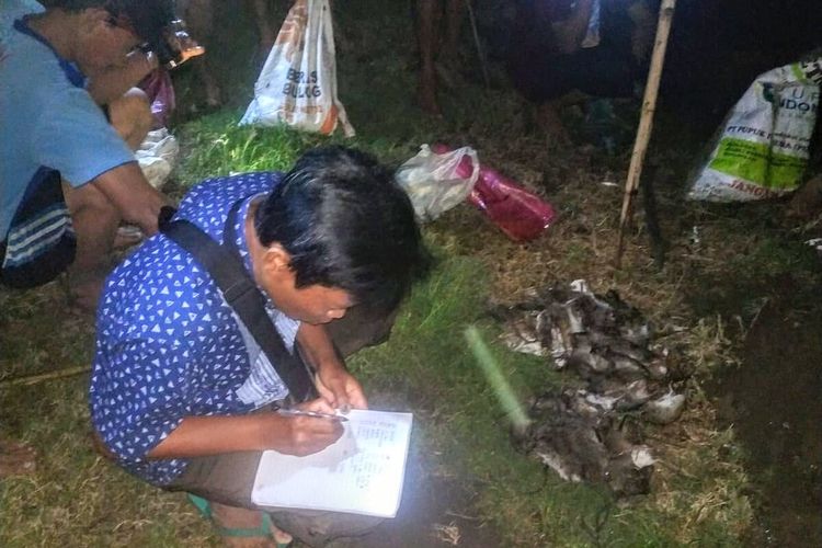 Syaifuddin (baju biru), koordinator relawan basmi tikus di Desa Pojok Kulon, Kecamatan Kesamben, Kabupaten Jombang, Jawa Timur, melakukan pendataan dan pemberian kompensasi kepada para pemburu, Kamis (16/1/2020) malam.