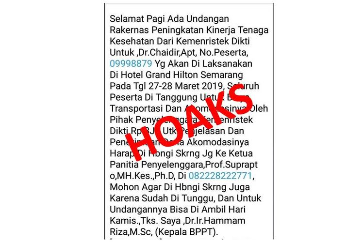 Hoaks undangan Rapat kerja nasional (Rakernas) Peningkatan Kinerja Tenaga Kesehatan dari Kemristek Dikti beredari melalui SMS, Jumat (22/3/2019)