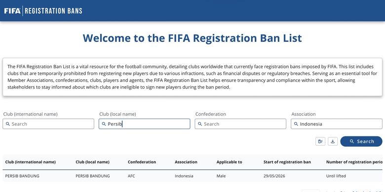 Screenshot nama klub Persib Bandung muncul di daftar registrasi banned FIFA pada Mei 2026.