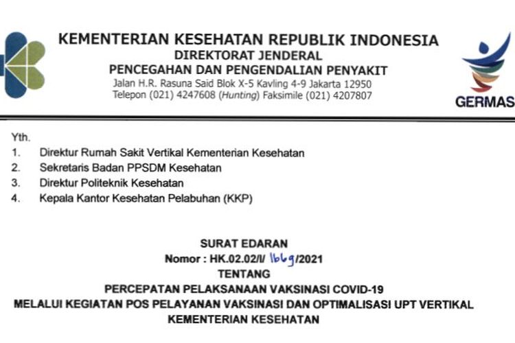 Tangkapan layar Surat Edaran nomor HK.02.02/I/1669/2021 tentang Percepat Pelaksanaan Vaksinasi COVID-19.