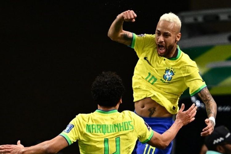 Neymar merayakan gol ke gawang Kroasia dalam laga perempat final Piala Dunia 2022 Qatar. Laga Kroasia vs Brasil berlangsung di Education City Stadium, Doha, pada Jumat (9/12/2022) dini hari WIB.