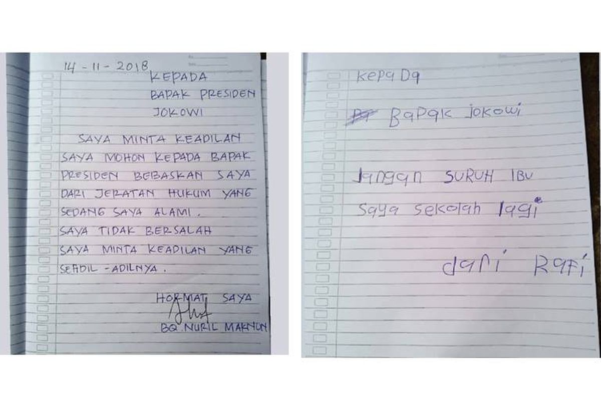 Foto surat Baiq Nuril dan anaknya, R, yang ditujukan kepada Presiden Jokowi.