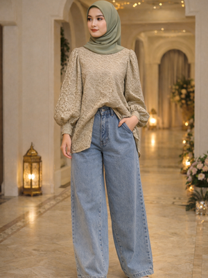 Wide Leg Baggy Jeans + Blouse Lengan Balon.