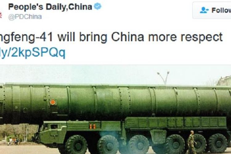 Akun Twitter harian Peoples Daily memperlihatkan misil balistik Dongfeng-41 yang mampu membawa hulu ledak nuklir.