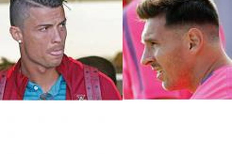 Kombinasi foto yang memperlihatkan gaya rambut Cristiano Ronaldo (kiri) dan gaya rambut baru Lionel Messi (kanan) ketika bergabung dengan rekan-rekannya dalam sesi latihan Barcelona usai liburan musim panas.