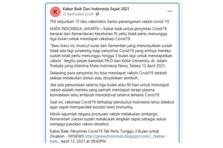 Tangkapan layar berisi informasi yang menyebut penyintas Covid-19 tak perlu menunggu 3 bulan untuk divaksin