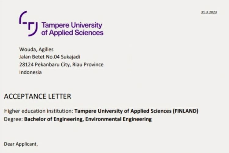 Surat resmi penerimaan Aggiles Abdulhamil Muhammad Wouda di Tampere University Of Applied Sciences (TAMK) Finlandia.