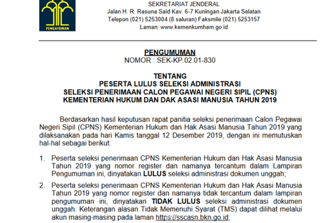 Daftar Link Hasil Administrasi CPNS 2019 Kemenkumham untuk Lulusan SMA di Pulau Jawa