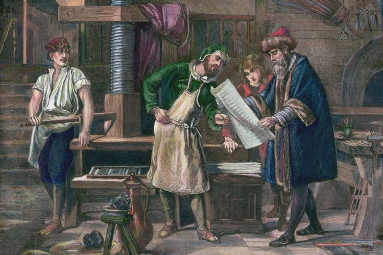 Ilustrasi penemuan mesin cetak oleh Johann Gutenberg.