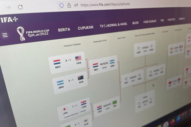 Tampilan jadwal 8 besar Piala Dunia 2022 di website fifa.com.