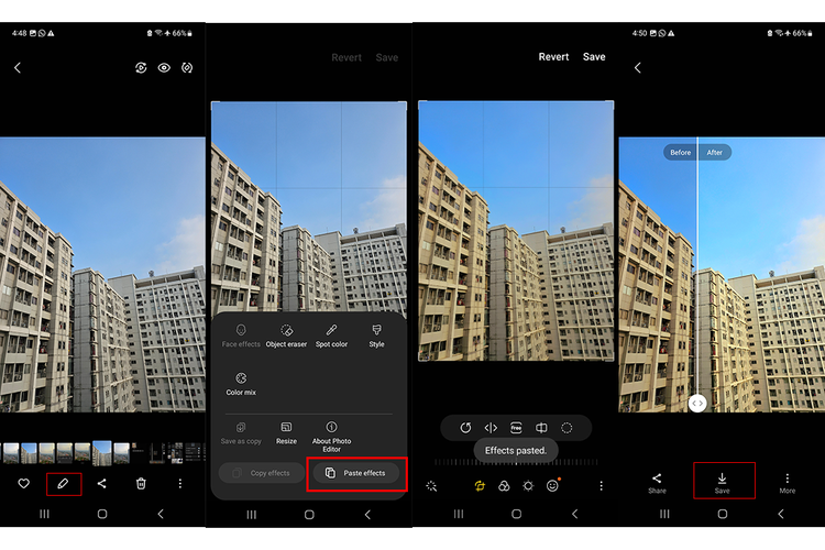 Fitur edit foto di Galaxy Z Flip 5. Cara edit foto dengan cara copy and paste (salin dan tempel) efek foto yang sudah dibuat