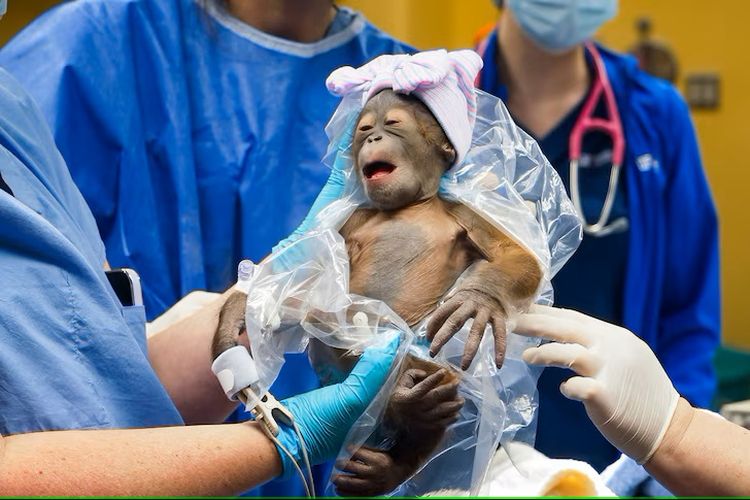 Orangutan Kalimantan betina yang baru lahir dan terancam punah, dilahirkan melalui operasi caesar.