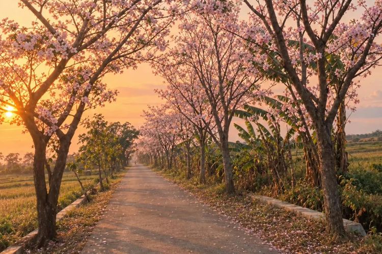 Mekar Saat Kemarau, Tabebuya Merah Muda Bikin Jalan Desa di Juwana Pati Seperti Jepang